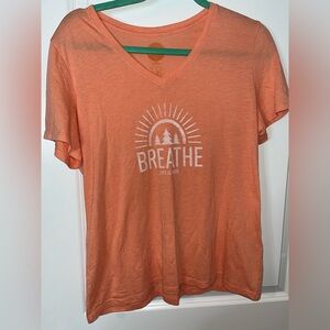 Life Is Good Orange Short Sleeve Classic Fit Top ‘Breathe’ Text Outdoor Sz Large